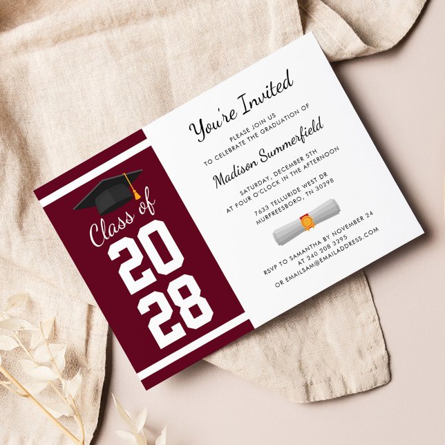 Invitation Fête de fin d'études Diplômé(e) de Terminale 2026 (Graduation 2024 Burgundy Party Invitation)