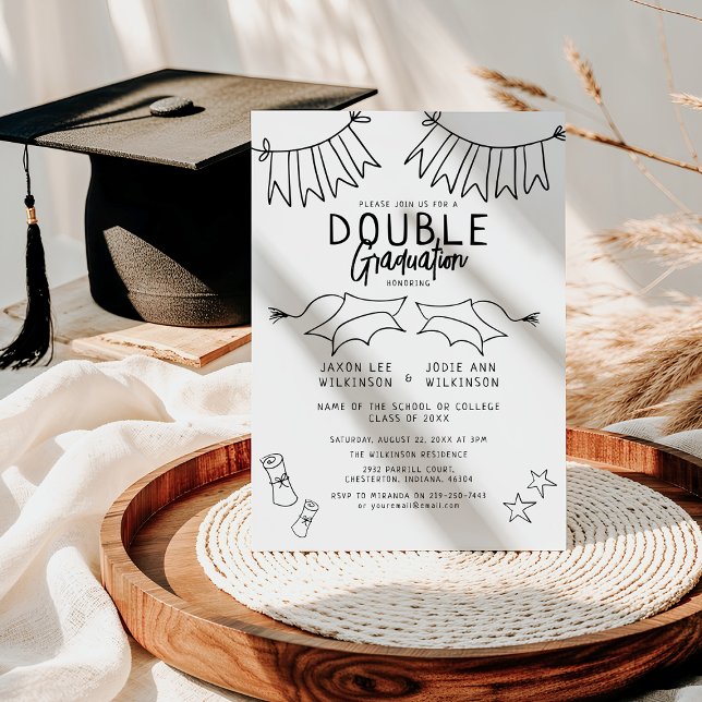 Invitation Fête de fin d'études double Doodle noir tendance (Créateur téléchargé)