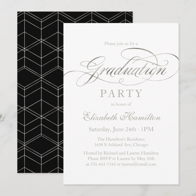 Invitation Fête de fin d'études élégante avec écriture argent (Devant / Derrière)