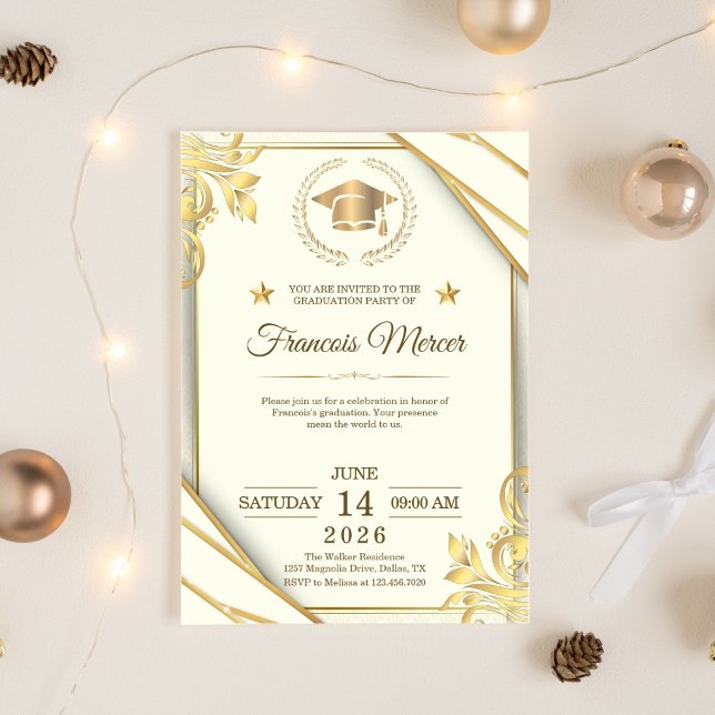 Invitation Fête de fin d'études élégante blanche et or (Graduation Invitation)