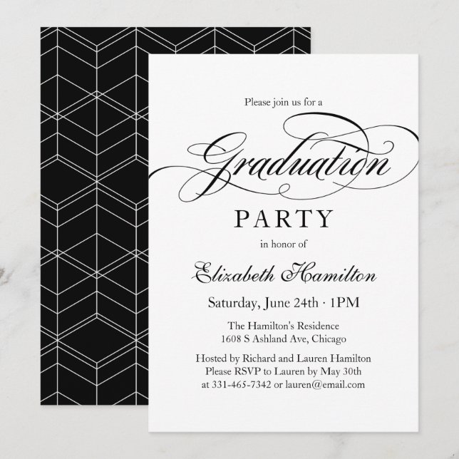 Invitation Fête de fin d'études élégante calligraphiée pour d (Devant / Derrière)