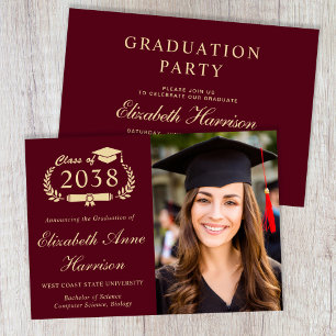 Invitation Fête de fin d'études élégante en bordeaux et or