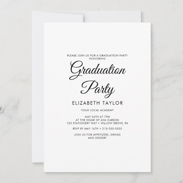Invitation Fête de fin d'études élégante en calligraphie noir (Devant)