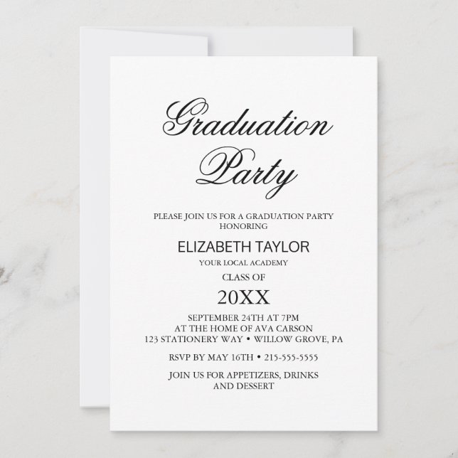 Invitation Fête de fin d'études élégante en calligraphie noir (Devant)