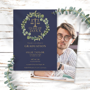 Invitation Fête de fin d'études en droit Bleu Nuit Or Guirlan