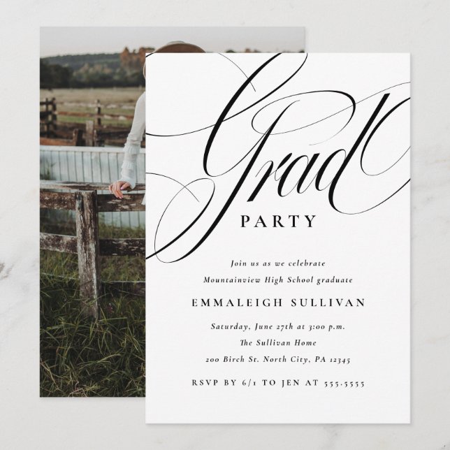Invitation Fête de fin d'études en écriture fantaisie (Devant / Derrière)