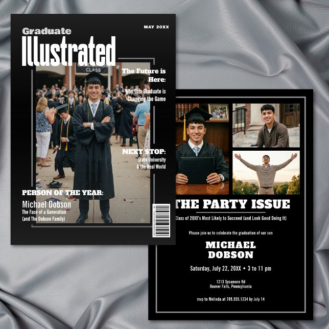 Invitation Fête de fin d'études en noir avec photo de style M (Magazine Four Photo Black Graduation Party Invitation)