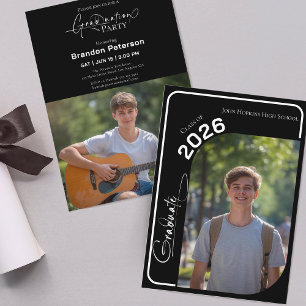 Invitation Fête de fin d'études en noir et blanc avec deux ph
