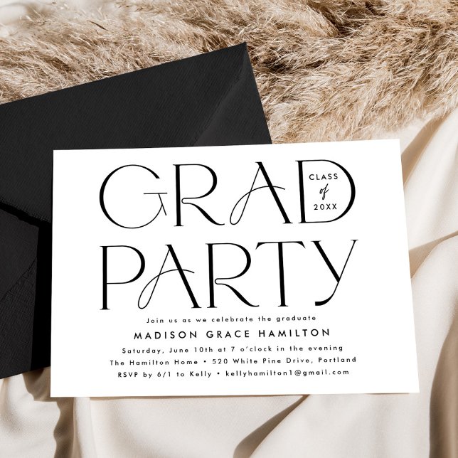 Invitation Fête de fin d'études en noir et blanc avec typogra (Créateur téléchargé)