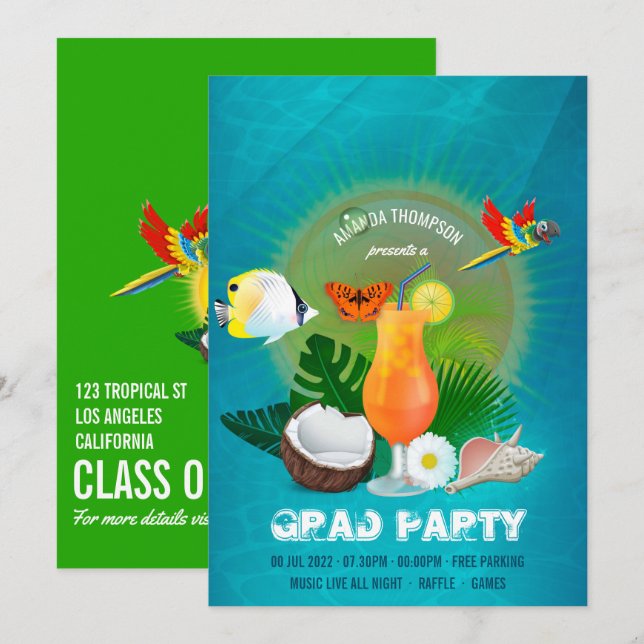 Invitation Fête de fin d'études Exotique Cool (Devant / Derrière)