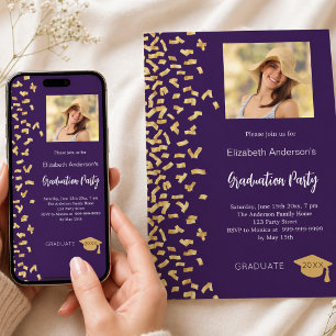 Invitation Fête de fin d'études fille confettis violets or ph