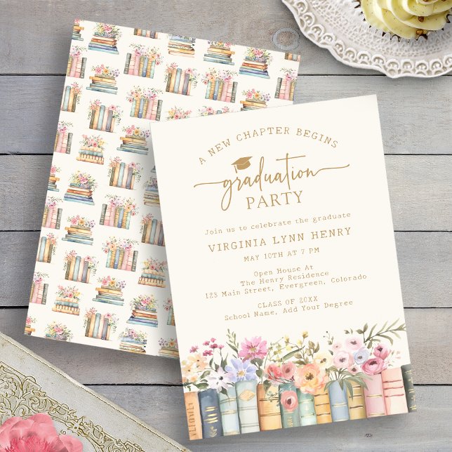 Invitation Fête de fin d'études Floral Books (Watercolor Floral Books Graduation Party Invitation by Painted Paperie
)