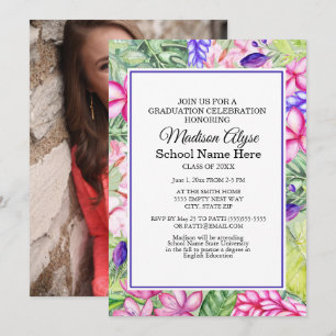 Invitation Fête de fin d'études florale tropicale rose violet