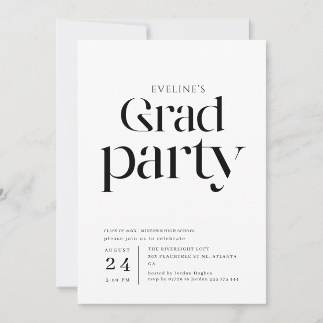 Invitation Fête de fin d'études Gras Noir et Blanc (Devant)
