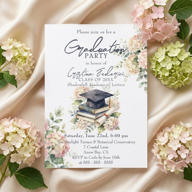Invitation Fête de fin d'études Hydrangea Rose Pâle Aquarelle (Créateur téléchargé)