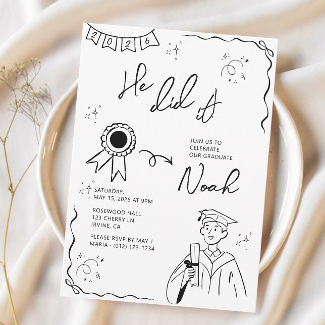 Invitation Fête de fin d'études « Il l'a fait ! » dessinée à  (Créateur téléchargé)