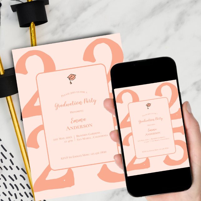 Invitation Fête de fin d'études Minimal Peach (Elegant Minimalist Class of 2025 Graduation Party Invitation)