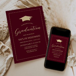Invitation Fête de fin d'études moderne en or et burgundy 202