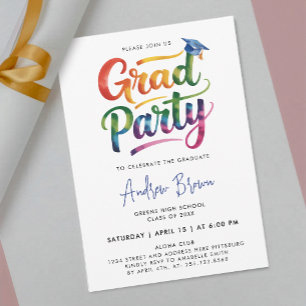 Invitation Fête de fin d'études moderne et colorée avec écrit
