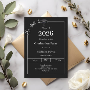 Invitation Fête de fin d'études noir blanc Il l'a fait