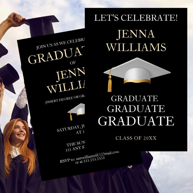 Invitation Fête de fin d'études Noir et Blanc (Graduate Celebration Party Gold and White Invitation)