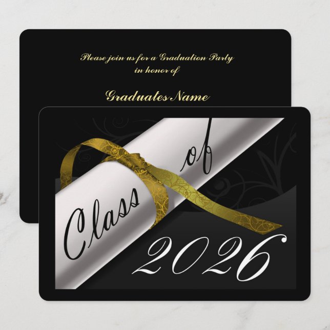 Invitation Fête de fin d'études noir et or (Devant / Derrière)
