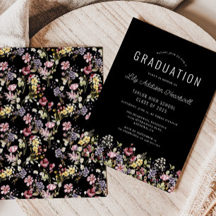 Invitation Fête de fin d'études noir motif fleur sauvage bohè