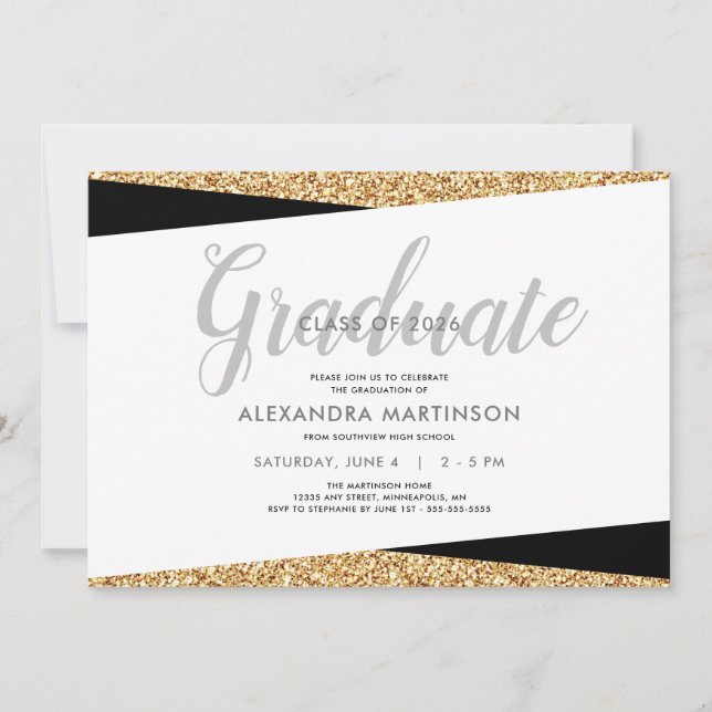 Invitation Fête de fin d'études paillettes or faux élégant (Devant)