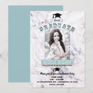 Invitation Fête de fin d'études Photo Or Bleu Marbre Rose