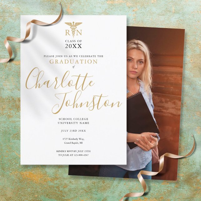 Invitation Fête de fin d'études Photo Script Or Infirmière Di (Créateur téléchargé)