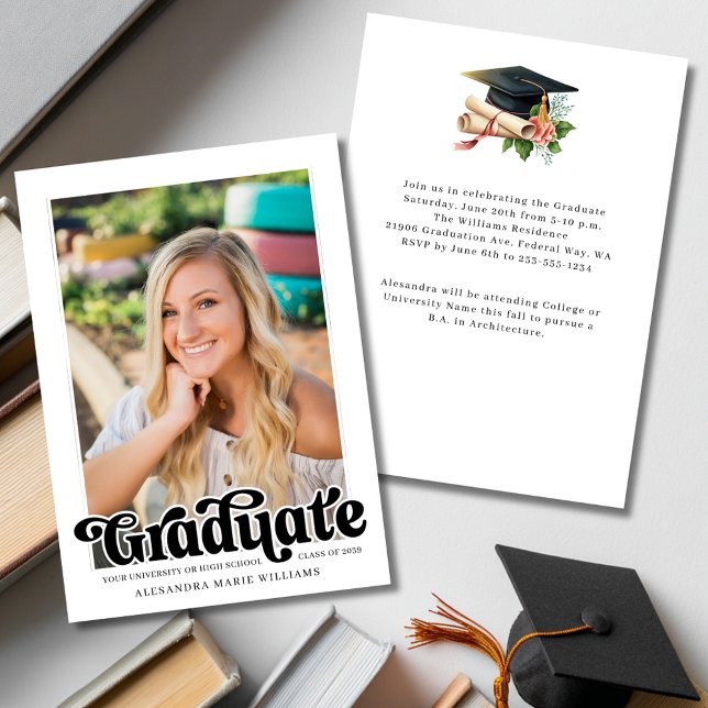 Invitation Fête de fin d'études Photo Style Rétro (Retro Script Photo Graduation Party Invitation
)