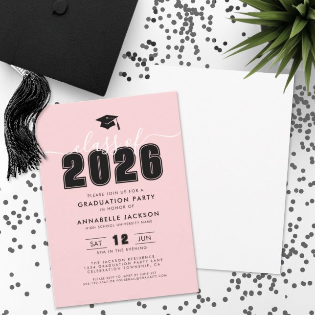 Invitation Fête de fin d'études rose (Simple Modern Pink Graduation Party Invitation)