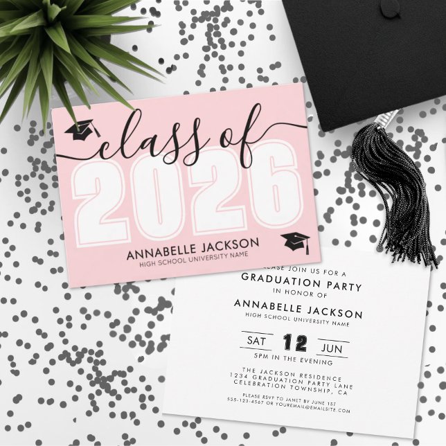 Invitation Fête de fin d'études rose (Pink Class Of 2025 Graduation Party Invitation)