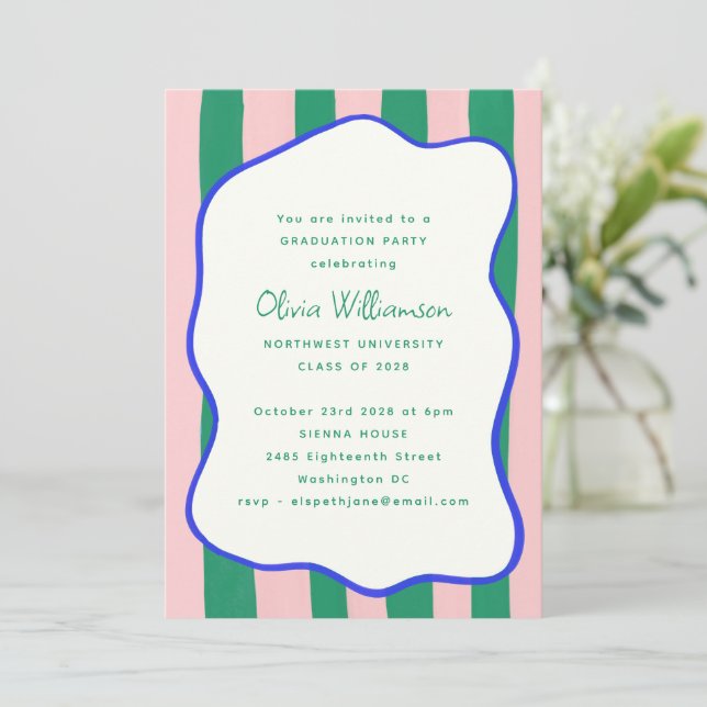 Invitation Fête de fin d'études rose et vert avec bordure ond (Debout devant)