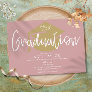 Invitation Fête de fin d'études rose poussiéreux et or avec é