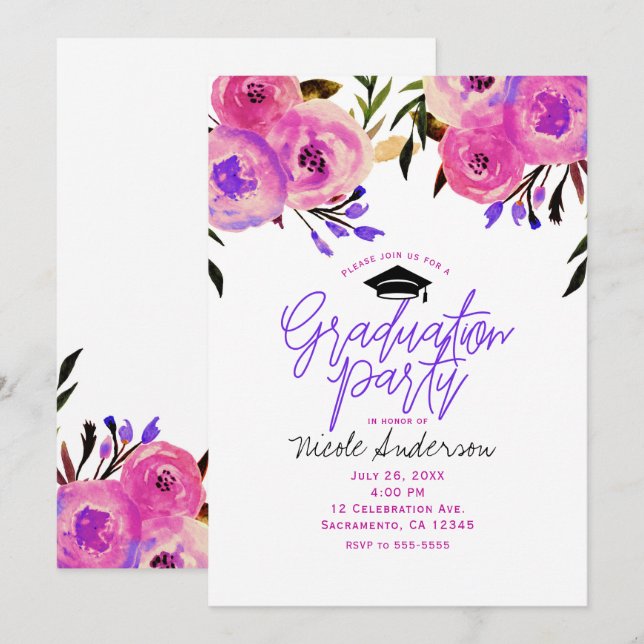Invitation Fête de fin d'études Rose Violet Floral Moderne Lu (Devant / Derrière)
