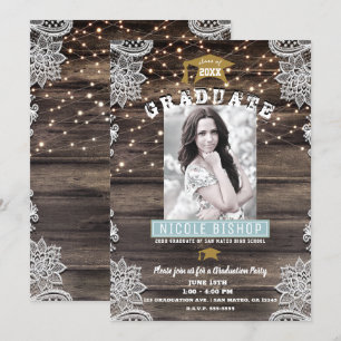 Invitation Fête de fin d'études Rustique Bois Dentelle et Lum