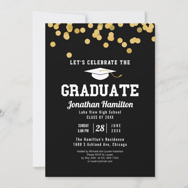 Invitation Fête de fin d'études secondaires Confetti noir or (Devant)