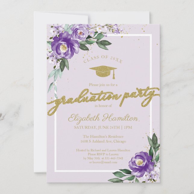 Invitation Fête de fin d'études secondaires Fleur violet (Devant)