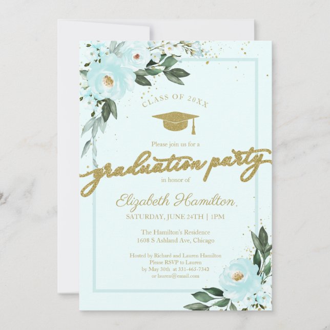 Invitation Fête de fin d'études secondaires Or Téalu Floral (Devant)