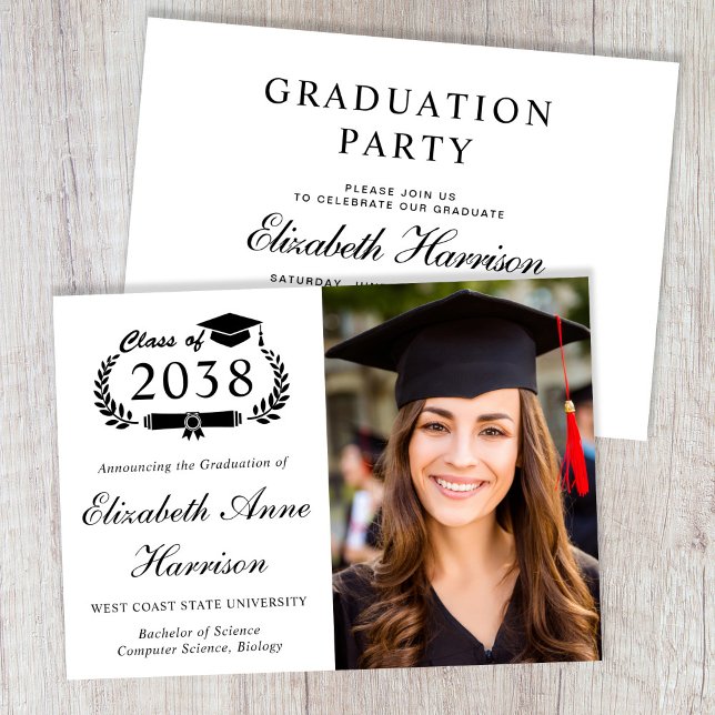 Invitation Fête de fin d'études supérieures avec un script él (Elegant Script Photo College Graduation Party Invitation)