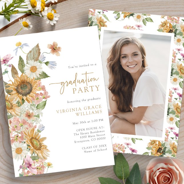 Invitation Fête de fin d'études Tournesol (Watercolor Sunflower Photo Graduation Party Invitation by Painted Paperie
)