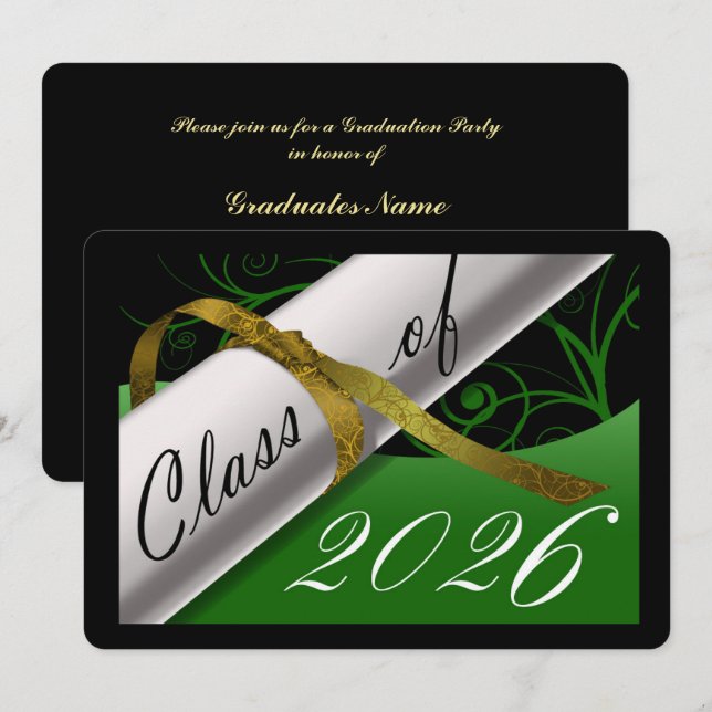 Invitation Fête de fin d'études verte et or (Devant / Derrière)