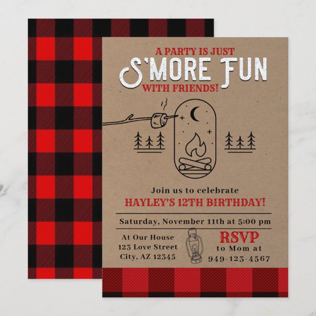 Invitation Fête de Flannel S'mores Buffalo Plaid Anniversaire (Devant / Derrière)