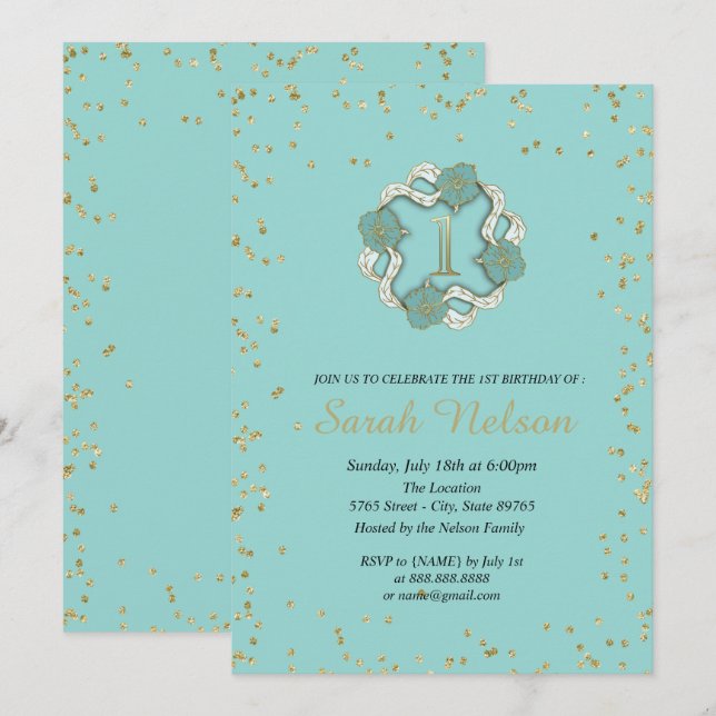 Invitation Fête de Fleurs Bleues de Luxe avec Paillettes Doré (Devant / Derrière)