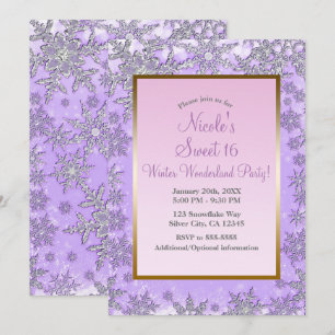 Invitation Fête de flocons de neige violets et roses en hiver