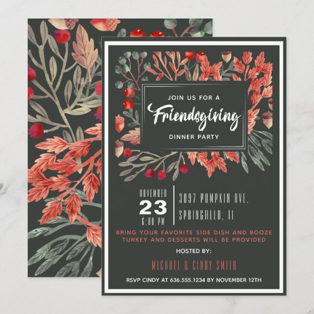 Invitation Fête de Friendsgiving avec feuillage d'automne aqu (Devant / Derrière)