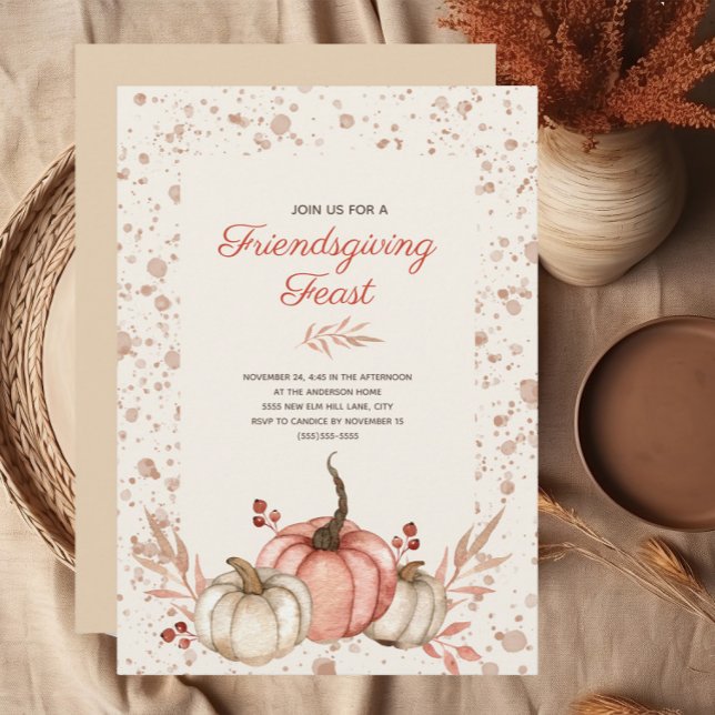 Invitation Fête de Friendsgiving Rustique Campagne Automne   (Rustic orange and white pumpkins watercolor Friendsgiving Dinner Invitation)