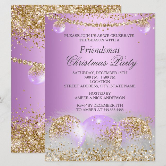Invitation Fête de Friendsmas Noël Bauble Or Violet (Devant / Derrière)