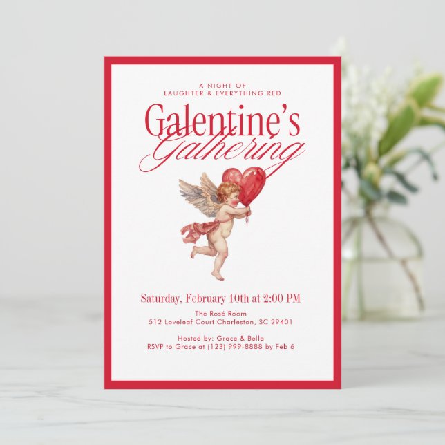 Invitation Fête de Galentine Cupid Vintage (Debout devant)